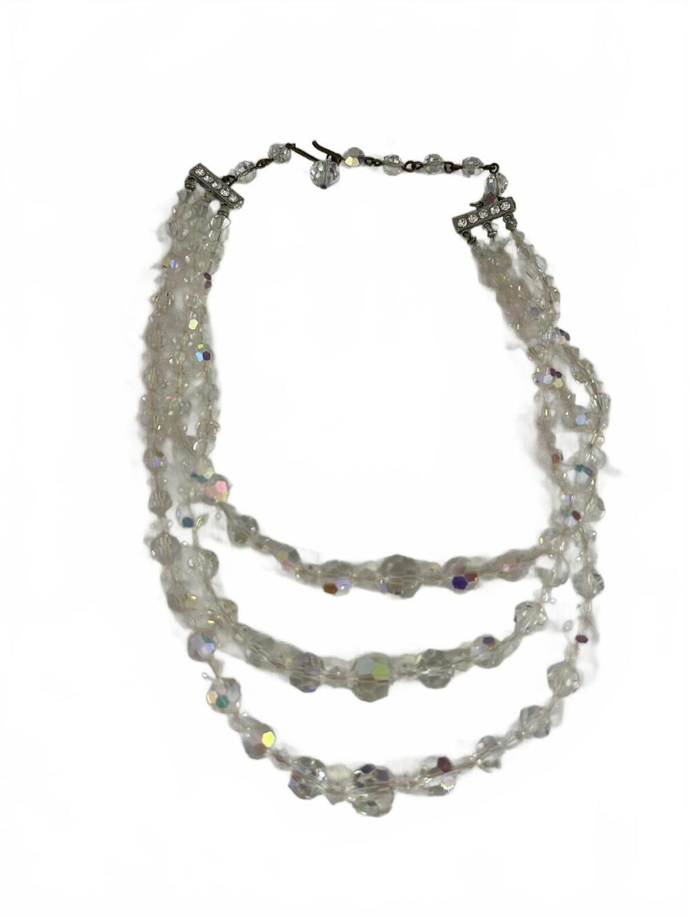 Vintage Multi-Strand Clear Beaded Necklace with Rhinestone-1